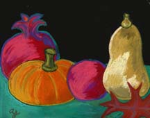Two squashes, 2 pomegranates, and a maple leaf by artist Angela Young