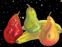 Still life of fruit floating in outer space by artist Angie Young