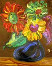 Expressionism painting of 3 sunflowers in a vase by artist Angie Young