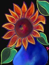 Pastel of a sunflower in a blue vase by artist Angela Young