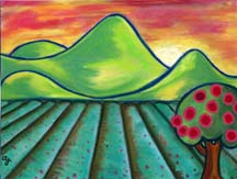 Landscape of a field and Murphy's Peak by artist Angela Young