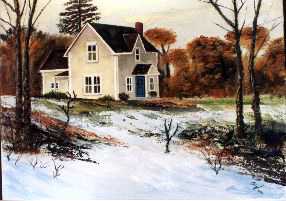 Winter painting of house by Angie Young, artist